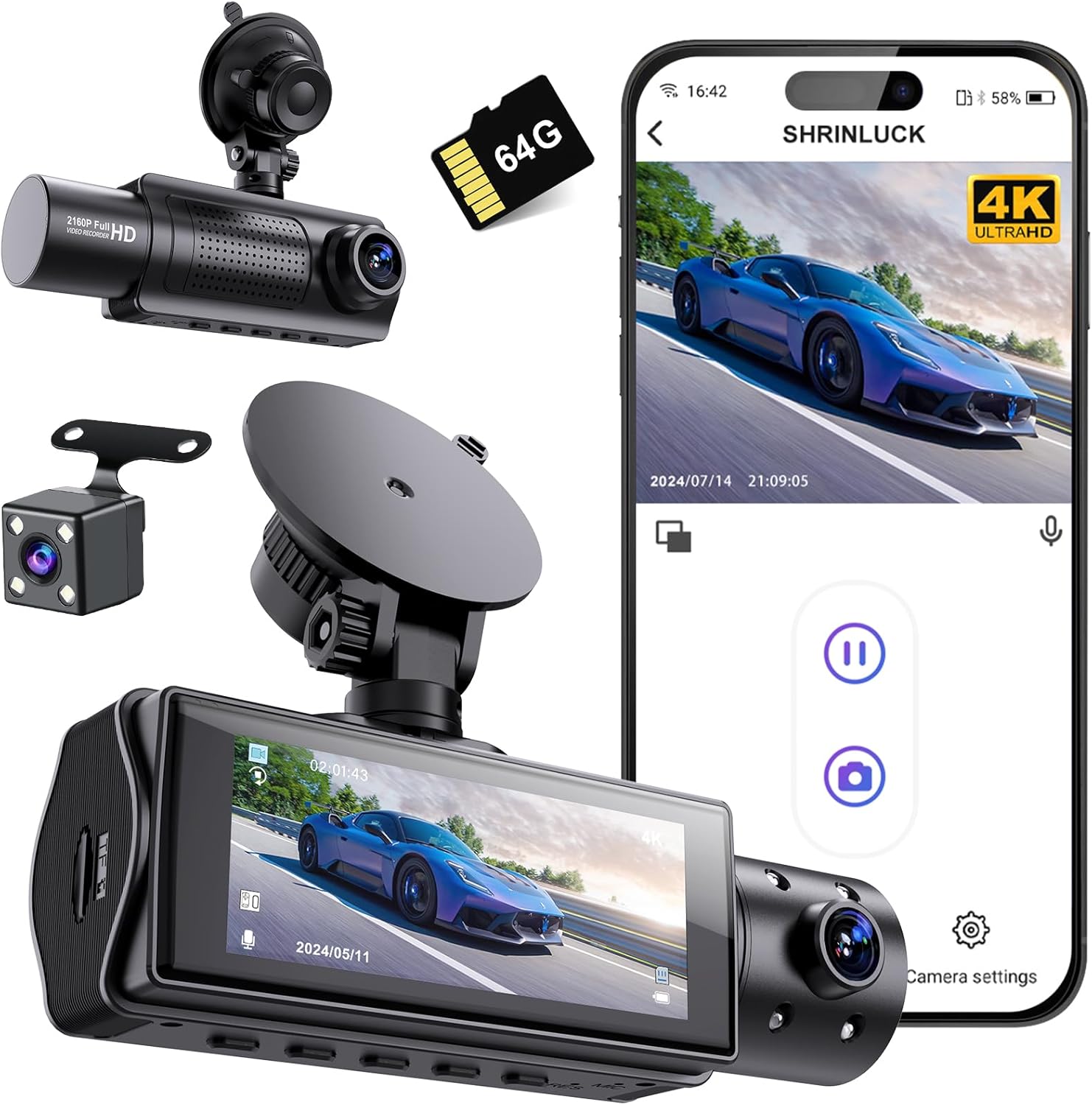SHRINLUCK X5 4K WiFi Dashcam Car Front Rear Interior