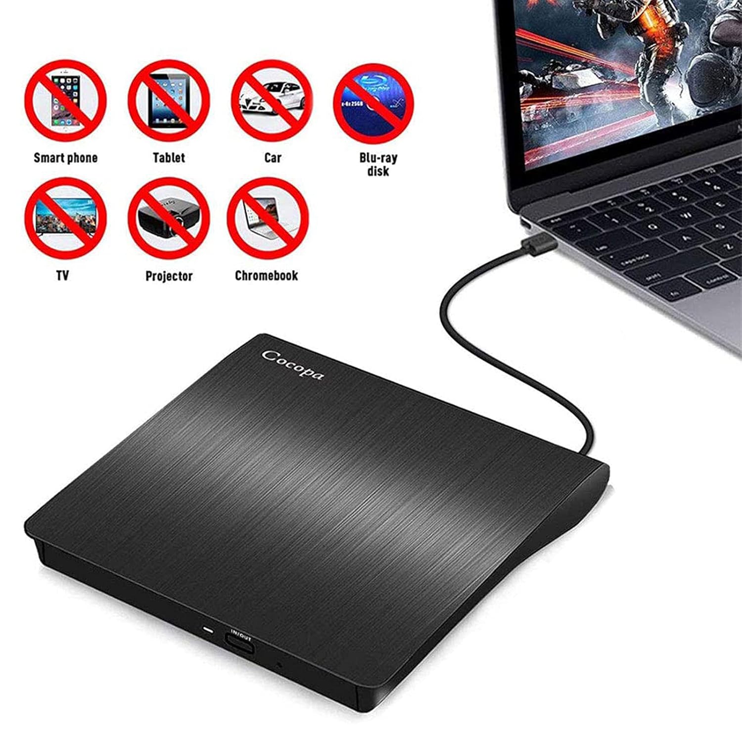 Cocopa Black Ultra Slim Portable USB 3.0 CD/DVD Drive