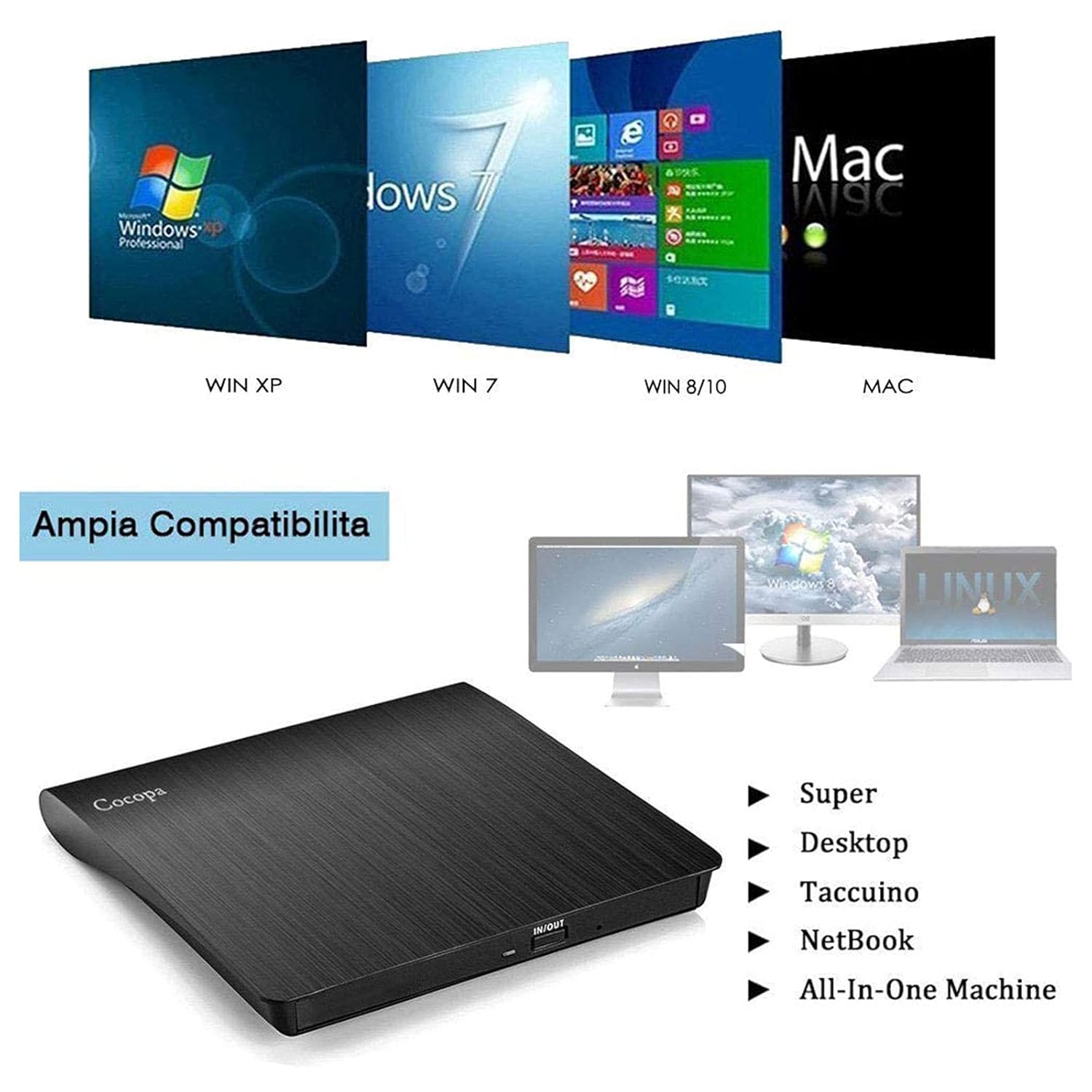 Cocopa Black Ultra Slim Portable USB 3.0 CD/DVD Drive