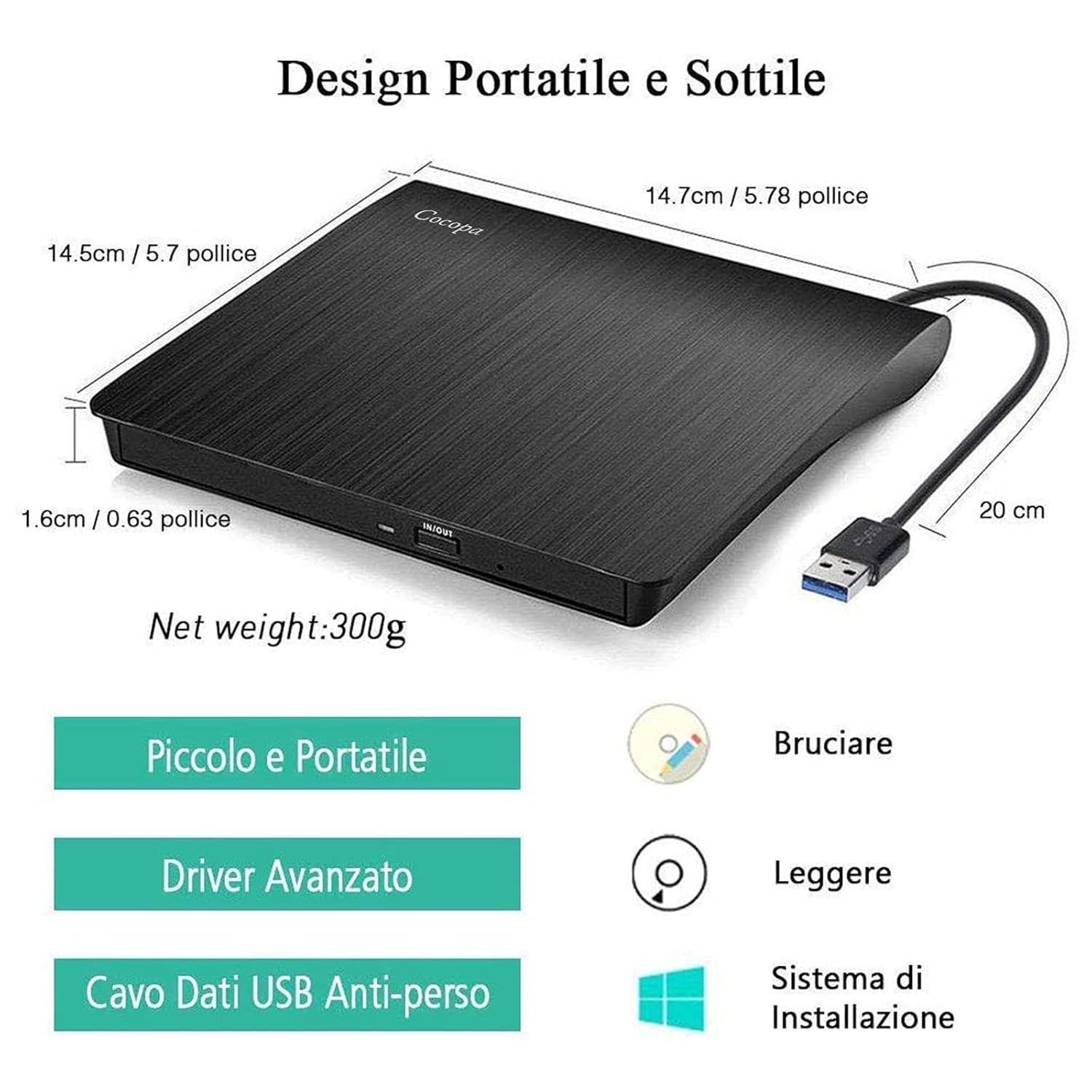 Cocopa Black Ultra Slim Portable USB 3.0 CD/DVD Drive
