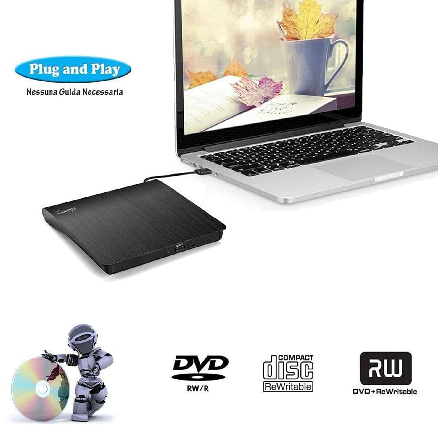 Cocopa Black Ultra Slim Portable USB 3.0 CD/DVD Drive